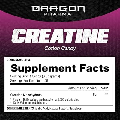 Dragon PHARMA Creatine Monohydrate, Aid Muscle Recovery, Post-Workout Supplement, Antioxidant Support (45 Servings, Cotton Candy)