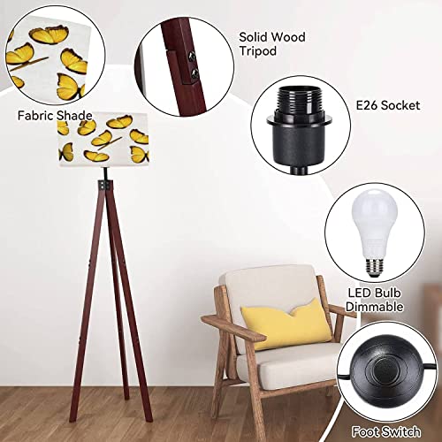 Modern Decor Wood Tripod Floor Lamps Set Yellow Butterfly Isolated Butterflies Insects Lepidoptera Morpho Tall Lamp Mid Century Standing Lamps For Living Room Bedroom Nursery Flaxen Lamp Shade #TOP4