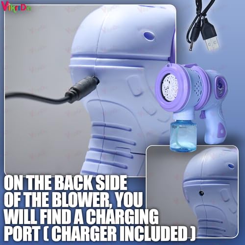 Image of VikriDA Automatic Bubble Blower with LED Lights - 5000+ Bubbles /Min - Includes Charging Cable, 2 Bubble Solution Bottles - Blue
