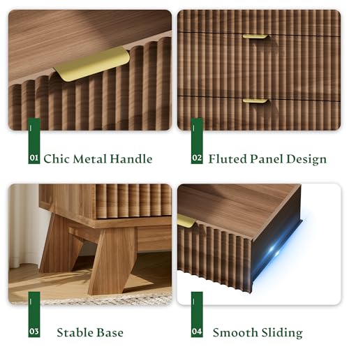 Image of Xixini Fluted Nightstand with Charging Station, Tall Bedside Table, Walnut