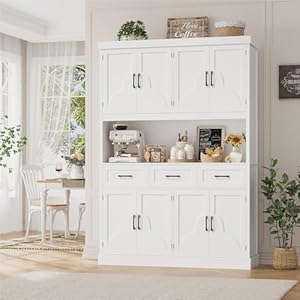HITHOS 76″ Tall Kitchen Pantry Storage Cabinet, 55“ Wide Kitchen Hutch Cabinet with Storage Drawers, Large Food Pantry with Microwave Stand, Modern Cupboard with Hutch for Dining Living Room, White