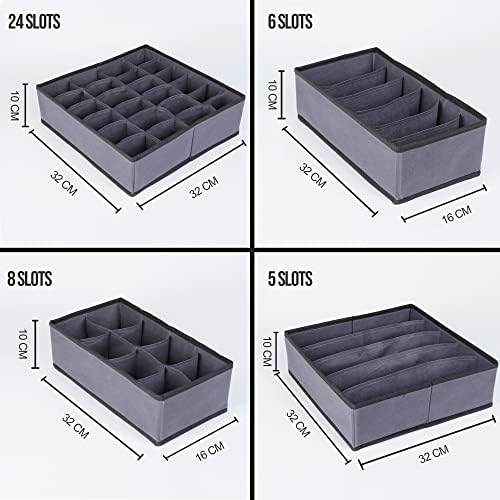 Molflys Drawer Organiser Dividers -4, Grey, PP lined Organiser Storage Boxes-2 Bottom Board sets-Foldable and Sturdy-For Baby Underwear Socks Bras Ties