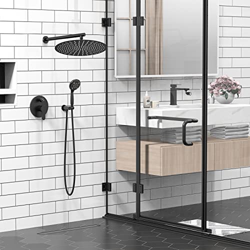 Image of SR SUN RISE Shower Faucet - 16 Inch Multifunctional High Pressure Shower Head System with Handheld Shower Head Fixtures - Valve Included - Matte Black