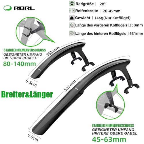 RBRL Fahrrad Schutzblech Set, Universal Schutzblech Fahrrad 28 Zoll, Verstellbarer und einfach zu installierender Mudguard (Radschutz für Gravelbikes, Rennräder)