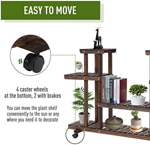 Outsunny 4-Tier Plant Stand with Wheels and Brakes, Floor-standing Wooden Flower Rack, for Indoor & Outdoor Garden Balcony Living Room, 124 x 33 x 80 cm