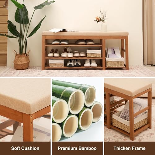 PETKABOO 47.2 in Shoe Rack Bench with Cushion, 3 Tier Bamboo Entryway Bench with Storage for Entryway, Hallway, Bedroom, Living Room - image 8