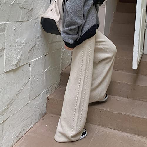 Pantalon en tricot torsadé pour femme, coupe large et taille haute élastique en maille abricot.