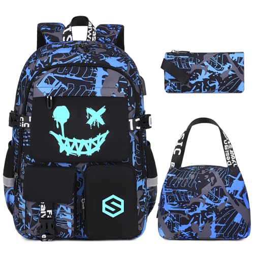 Scothen Boys Backpack Cool Luminous School Backpacks for Boys with Lunch Bag Pencil Case Kids Backpack Kindergarten Elementary Middle School Book Bags for Teen Boy Children with USB Charging Port