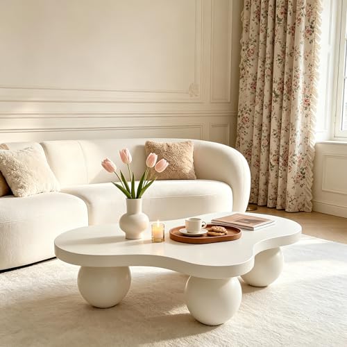 46 Inch Cloud Coffee Table MDF Modern White Coffee Table with 3 Ball Legs Center Table for Living Room Home Decor (47-White-N)