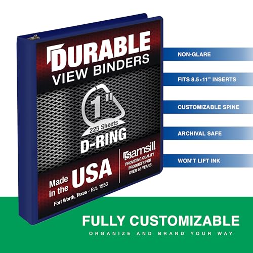Image of Samsill Durable 1 Inch Binder, D Ring Binder, Customizable Clear View Cover, Dark Blue, Holds 225 Pages