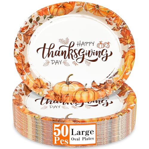 LIKAJON 50 Pcs Oval Thanksgiving Paper Plates, 12 x 10 Inch Large Disposable Thanksgiving Heavy Duty Plates for Dinner Platters,Turkey, Pumpkin, Autumn Fall Harvest Party Decor