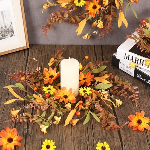 Image of 4 Pcs 3 Inch Fall Daisy Candle Rings Thanksgiving Table Centerpieces Mini Artificial Candle Rings Autumn Daisy Wreaths Cabinets Farmhouse Autumn Wreath for Indoor Front Door Wall Window Decorations