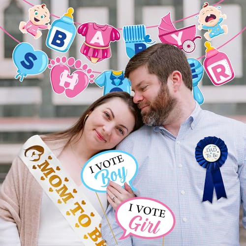 Image of Zyozique Babyy Shower Decorations Paper Banner , Photo Booth Props, Badge & Sash | Baby Shower Decorations Combo | Baby Shower Theme Party Favors (Pack of 33)