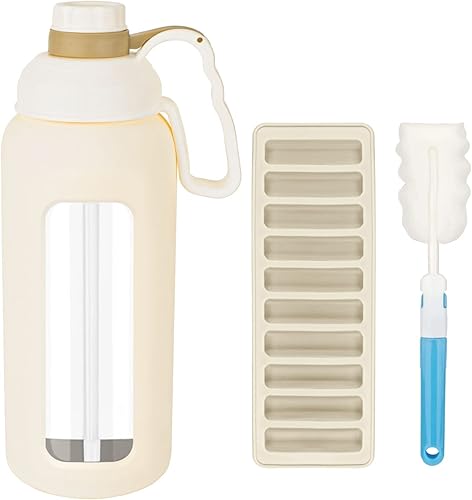 Botella de agua de vidrio de 50 onzas con popote y tapa con asa, botella de vidrio grande de boca ancha sin BPA con funda de silicona, jarra de agua