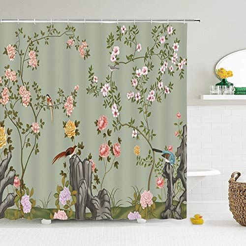 JarThenaAMCS Duschvorhang – Chinoiserie-Design Mit Blumen & Vögeln, Blau/weiß, Wasserdicht, 183 X 183 Cm