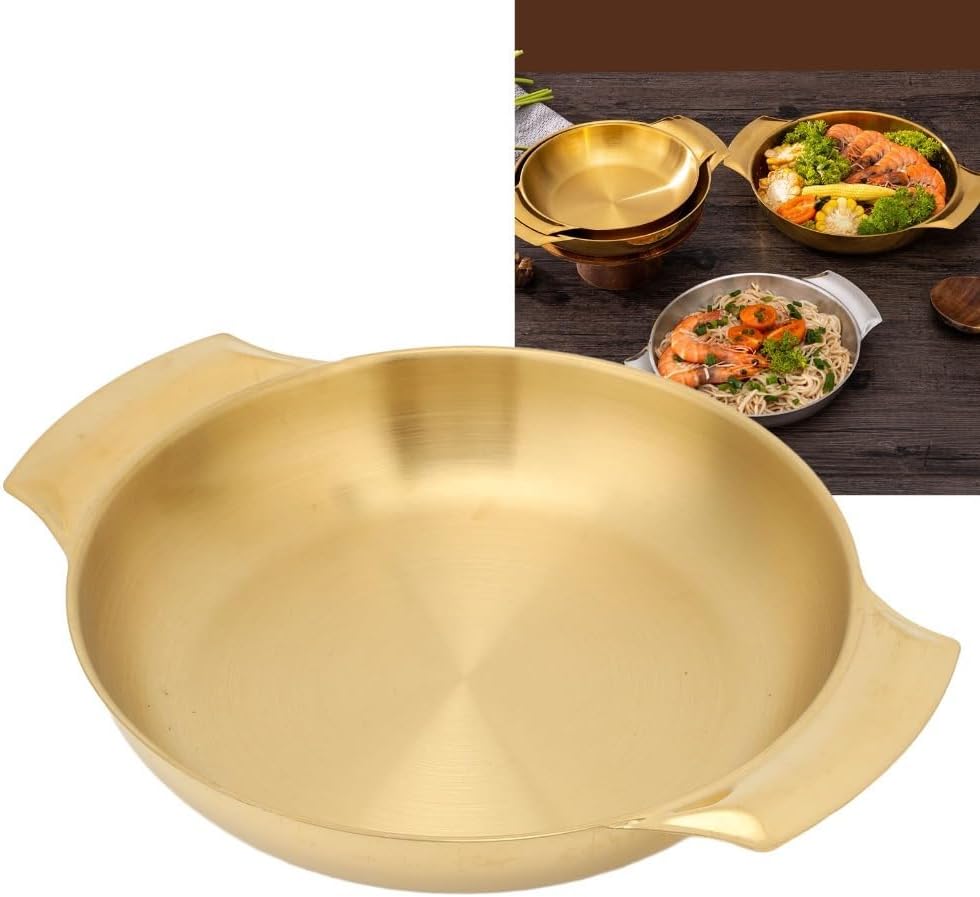Stainless Steel Paella Pan - Gold Flat Bottom Skillet with Dual Handles for Gas Stoves, Even Heating for Spanish Rice Pan, Seafood Paella(L)
