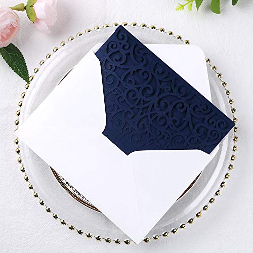 PONATIA 5.12 x 7.2 Laser Cut Invitation Pocket, 20PCS Tri-Fold 5 x 7 Laser Cut Wedding Invitation Pockets with Envelopes for Wedding Bbay Shower Birthday Sweet 16 Invite (Navy Blue, No Inner Sheet) - Thumbnail 6