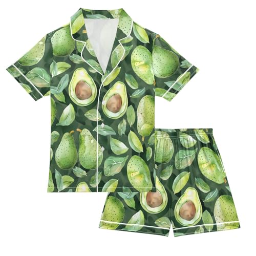 ALAZA Watercolor Avocado Leaf Green Satin Pajamas Set Short Sleeve Button Down Sleepwear Summer Pjs 2 Piece