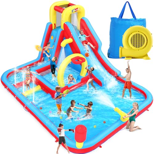 Whubefy Inflatable Water Slide Obstacle Course for Kids Backyard Blow Up Water Park with 3 Interactive Aqua Hurdles, Deep Pool with Sprinkler, Long Slide Large Splash Pool, Arch with Basketball Hoop