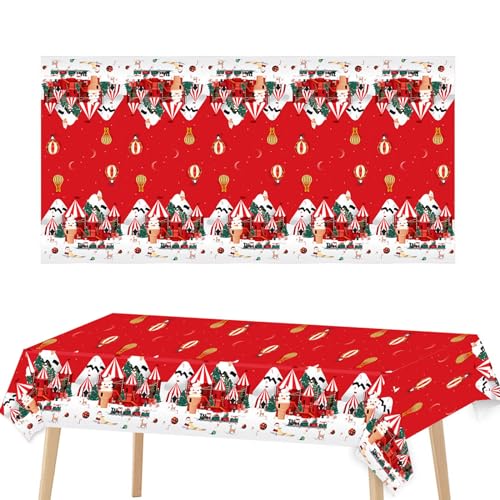 Mantel de Navidad grande de 137 x 274 cm, manteles de decoración de Navidad, mantel de plástico con cascanueces de helado, manteles de Navidad desechables rojos, cubierta de mesa para decoración de