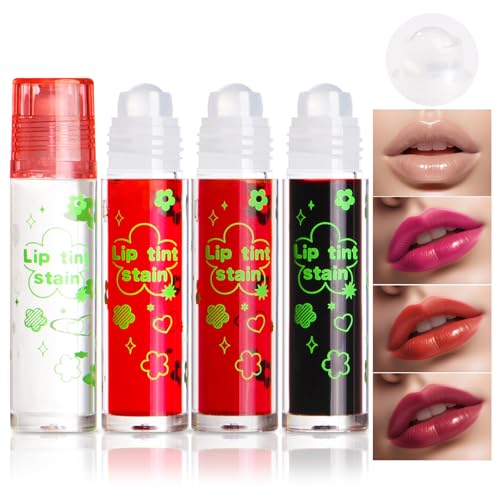 Prreal 4PCS Roll-On Lip Tint Stain Set, Highly Pigmented Lip Stain Lip Gloss, Multi-Function Lip Tint Blush Eyeshadow Lip Stains, Long-Lasting Moisturizing Lipstain with Clear Lip Oil (Set A)