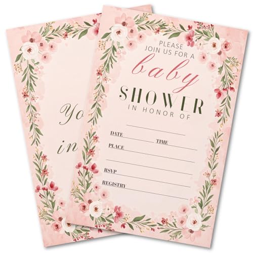 WENFLY Pink Wildflowers Baby Shower Invitations Gender Reveal Invites