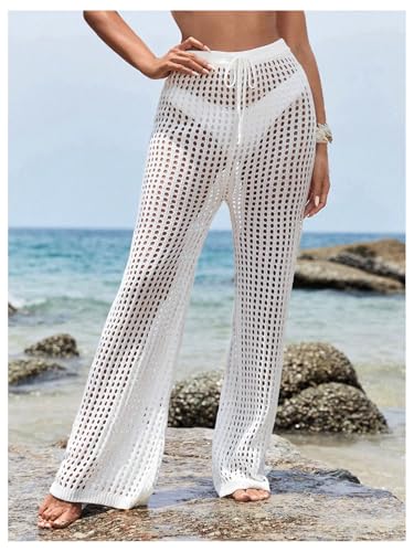 Women's Cover Up Beach Pants Hollow Out Drawstring High Elastic Waist Swimsuit Beach Cover Up Pants2