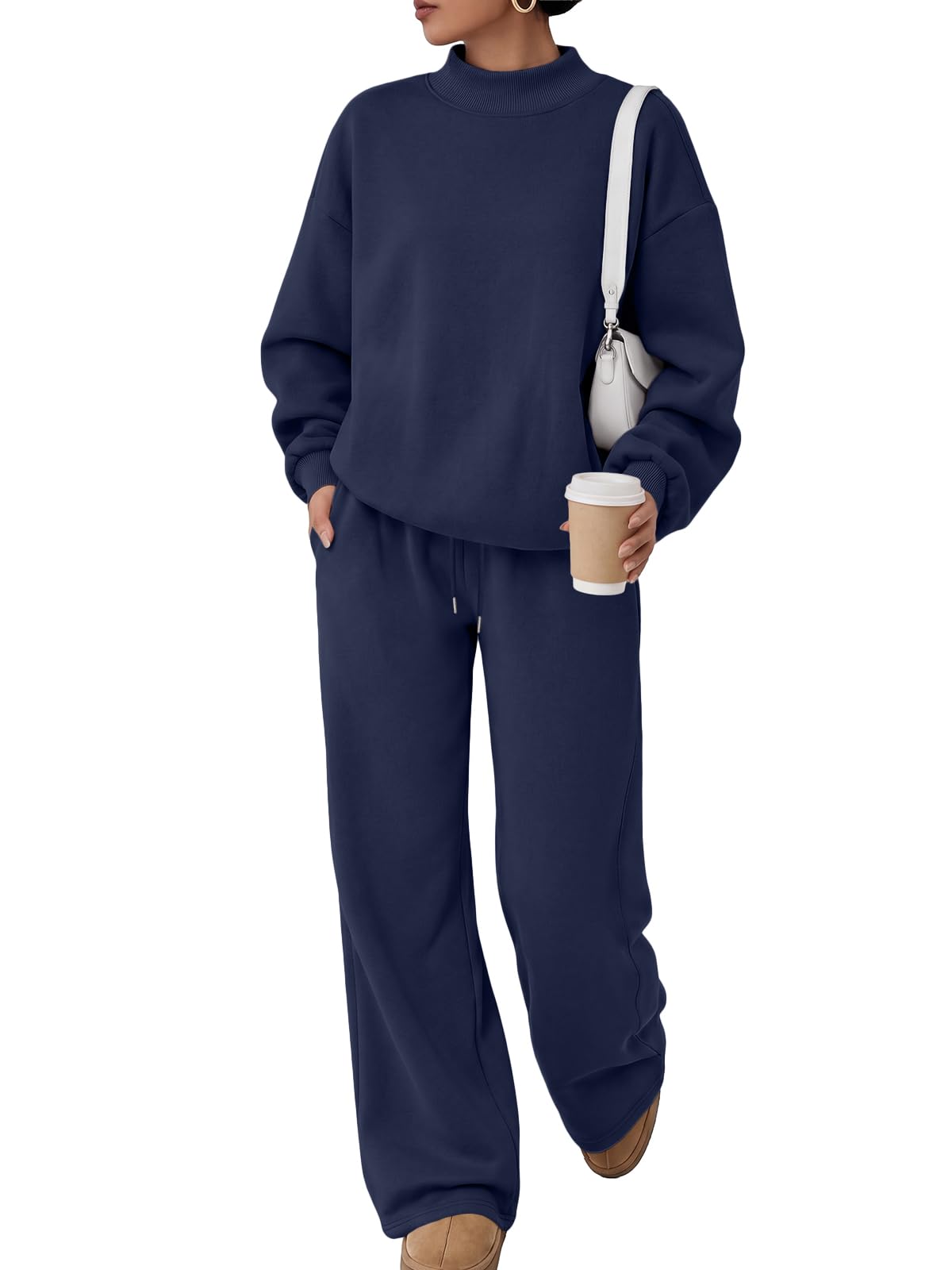 Trendy Queen Women's Mock Neck 2 Piece Sweat Sets Sweatsuits Fall Outfits | Two Piece Matching Set, Airport Travel Outfits, Fall Winter Fashion Clothes 2026, Oversized Sweatshirts & Wide Leg Sweatpant