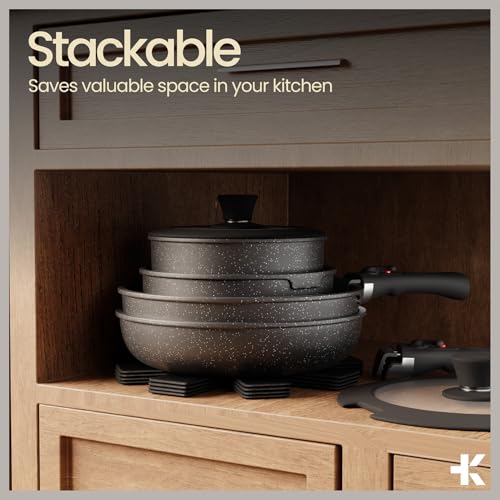 Image of Pots & Pans Set Non Stick Ceramic-Granite - 15-Piece Cookware with Detachable Handles, Stackable Space-Saving, Dishwasher Safe, Oven & All-Stove Safe, Tempered Glass Lids, Black Granite