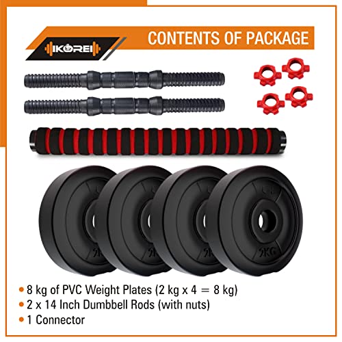 Image of Kore 3 In 1 Convertible 8 Kg Pvc Dumbbells Set, Black