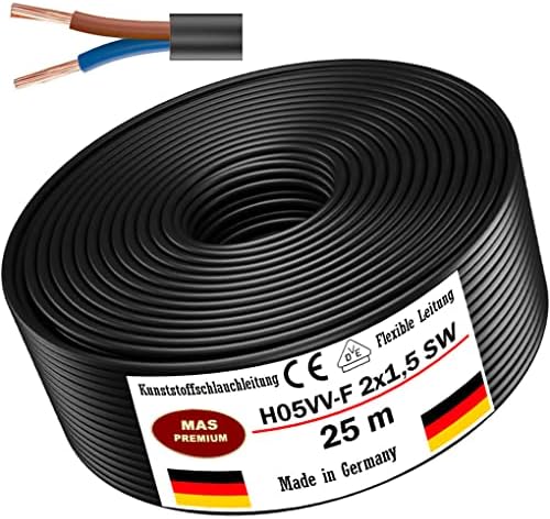 Przewód węża z tworzywa sztucznego od 5 do 100 m H05VV-F 2 x 0,75; 2 x 1; 2 x 1,5 lub 2 x 2,5 czarny, elastyczny kabel przewodowy, kabel do urządzeń (H05VV-F 2 x 1,5 SW, 25 m)