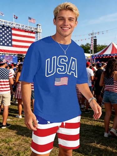 Image of Ithalt Patriotic Shirts for Men 4th of July Outfit 2 Piece Set Short Sleeve and Shorts American Flag 250th Anniversary