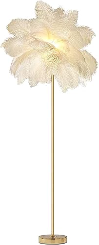 AvgnLxqe Lámpara de pie de plumas de avestruz natural, lámpara de plumas regulables para dormitorio, lámpara de pie con acabado dorado, lámpara
