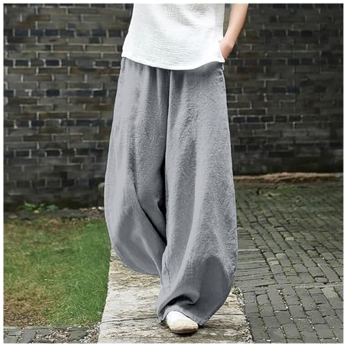 Womens Linen Pants Baggy Wide Leg Pants with Pockets Flowy Color Block Floral Boho Harem Lantern Trousers Elastic Waist2