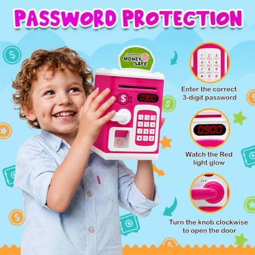 Image of Umadiya Sensor Fingerprint Money Safe Piggy Bank for Kids | Lock ATM Savings Bank with Auto Cash Roll-in, Coin Slot & Music | Educational Password Touch Finger Sensor Savings Bank Toy for Gift