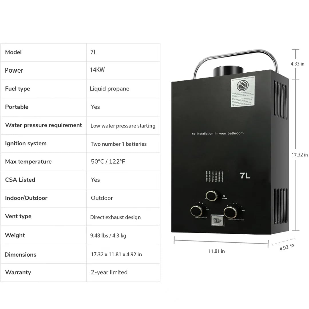Chauffe-eau à Gaz 8LPM,Instantané 8LPM 16kW LPG GPL au Butane Propane avec Modes Hiver et Eté, CE Certifié,avec une Pression d'Eau de Départ Très Faible,pour la Maison,la Caravane,les Cabines (7L)