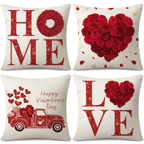 Coeufuedy Valentine's Day Throw Pillow Covers 18x18 Inch Set of 4 Home Love Red Rose Heart Truck Valentine's Day Anniversary Wedding Cushion Case Decoration for Sofa Couch Living Room