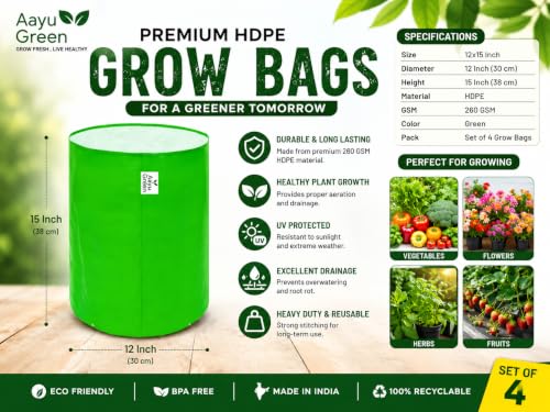 Image of Grow Bag UV Protected 260 GSM | HDPE Grow Bags for Plants | Heavy Duty Green Garden Plant Grow Bag with Drainage Holes | Reusable Vegetable Grow Bag for Terrace Gardening (4, 12X15 INCH)