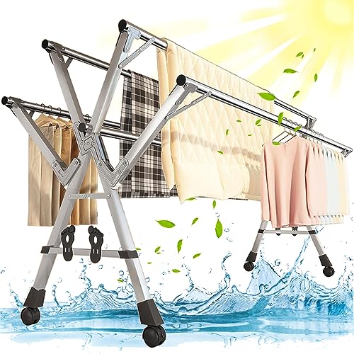 YSUEFIJO Etendoir a Linge Interieur Exterieur Retractable Pliant, Clothes Rack a Roulette Extensible, Sechoir a Linge Acier Inoxydable 5 Canne avec Crochets Coupe-Vent,...