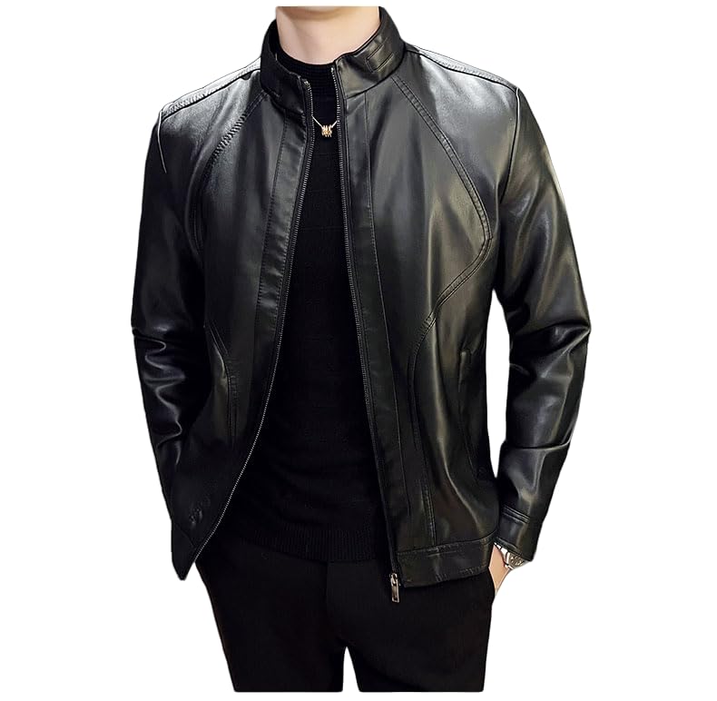 Men's Faux Leather Jacket, PU Outerwear Coat for Fall/Winter Solid color cuff zipper