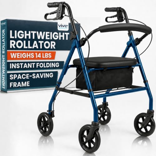 Vive Ultra Lightweight Rollator Walker with Seat - Foldable Narrow Rolling Senior Walker for Small Spaces - 4 Wheel Aluminum Adult Easy Drive Aid with Underseat Accessory