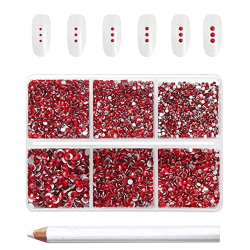 Image of Beadsland 7200pcs Flatback Rhinestones,Red Rhinestone Nail Gems Round Crystal Rhinestones for Crafts,Mixed 6 Sizes with Wax Pencil Kit, SS3-SS10,Siam | Glass Nail Gems, Round Crystal, With Wax Pencil Kit, SS3-SS10, Red