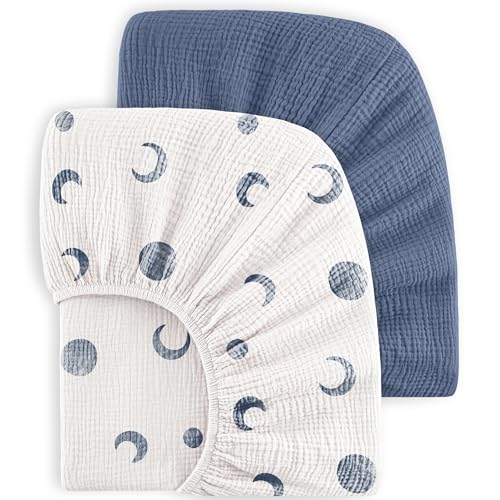 Image of Bearmoss Muslin Crib Sheets 100% Cotton Baby Crib Sheets Soft&Breathable Nursery Sheet 52"x28" for Standard Crib Mattress&Toddler Bed Mattress - 2 Pack (Blue Crescent)