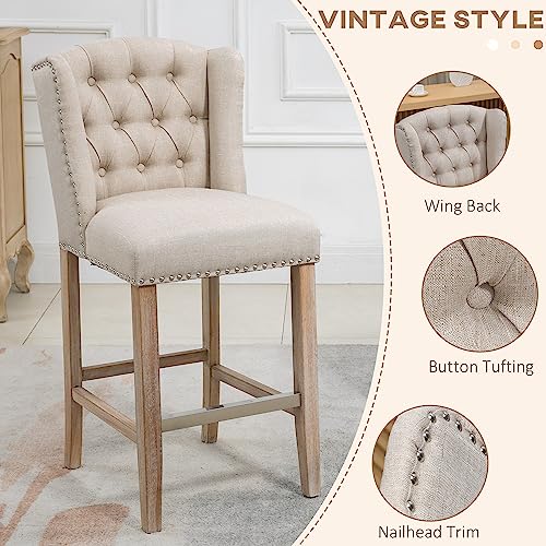 HOMCOM-Counter-Height-Bar-Stools-Set-of-2-27-Seat-Height-Upholstered-Barstools-Farmhouse-Kitchen-Island-Stools-with-Nailhead-Trim-Tufted-Back-and-Wooden-Legs-Beige HOMCOM Counter Height Bar Stools Set of 2 27 Seat Height Upholstered Barstools Farmhouse Kitchen Island Stools with Nailhead Trim Tufted Back and Wooden Legs Beige