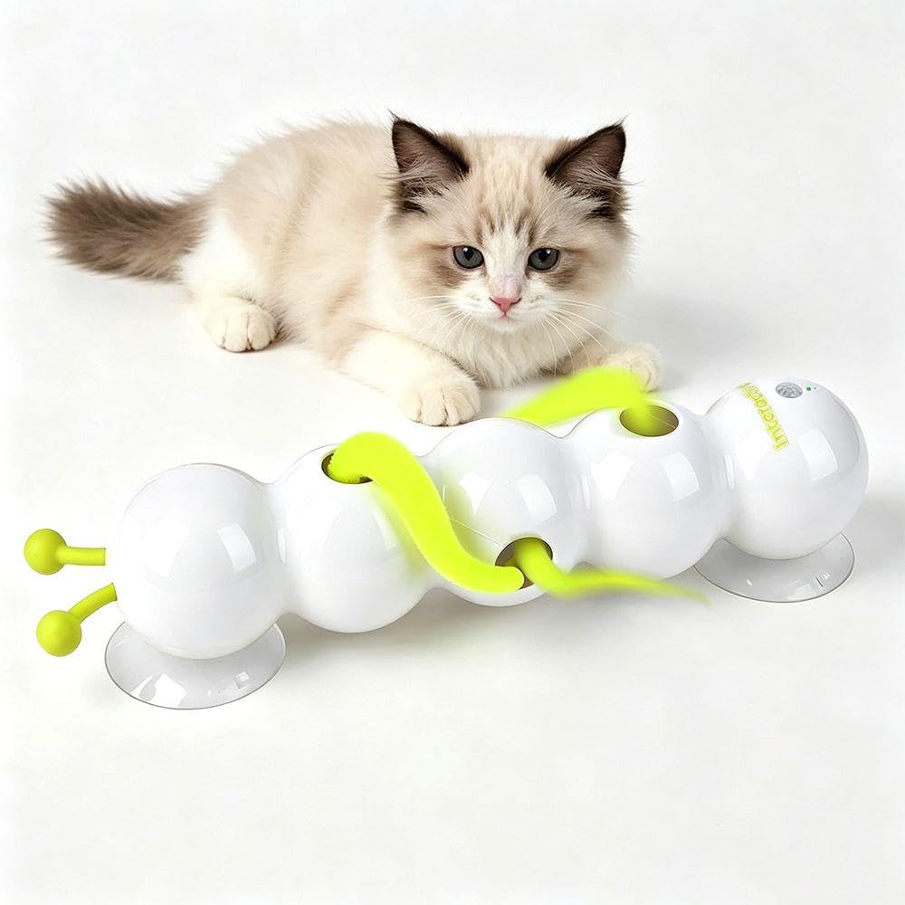 HEJINYUN Interactive Cat Feather Toy Automatic Fluffy Tail Teaser with Motion Sensor, Whack a Mole Cat Toy USB Rechargeable, Suction Cup Stable Play Worm Shape Toy for Indoor Cats