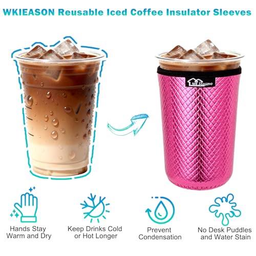 Image of WKIEASON Reusable Iced Coffee Sleeves 16-32OZ PU Leather Neoprene Coffee Cup Sleeves Insulator Cover for Cold Drinks Beverages, Starbucks, McDonalds, Dunkin Donuts and More(Rose Set)