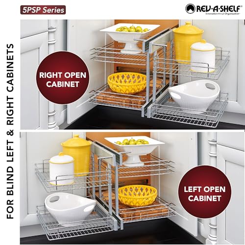 Image of Rev-A-Shelf Chrome Two-Tier Wire Bottom Pullout Organizer with Soft-Close for Blind Corner Base Kitchen Cabinets, Adjustable 4-Basket Storage System, Min Opening Width of 18 inch, 5PSP-18SC-CR