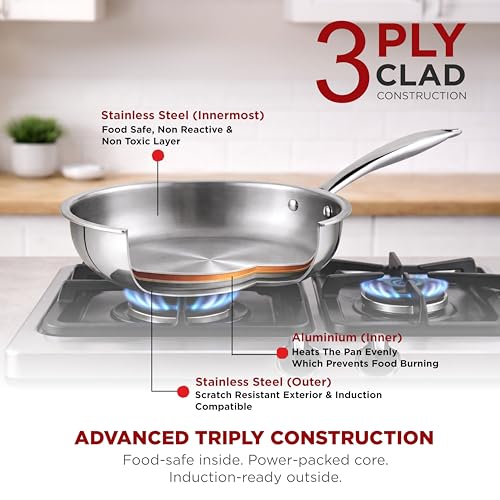 Image of PNB Triply Stainless Steel Frypan with Tempered Glass Lid | 26 cm 3 Litre | 3-Ply Induction Gas Compatible | PFOA Free | 5 Year Warranty | Large Frying Pan for Big Family & Party Cooking