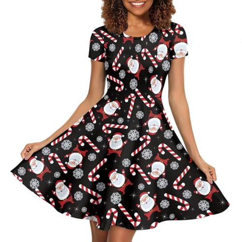 Image of POLERO Women Puffy Swing Elegant Party Midi Dresses Short Sleeve Round Neck A-Line Dress