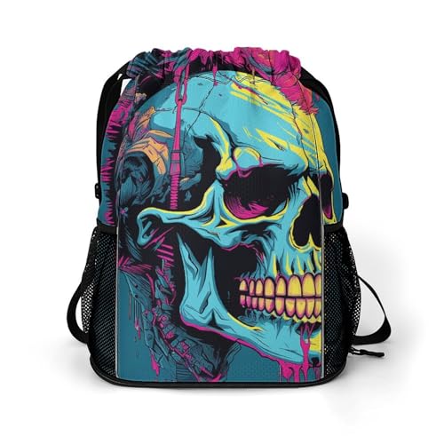 Mochila de estilo retro con cordón de calavera, compartimento para zapatos y bolsillos de malla